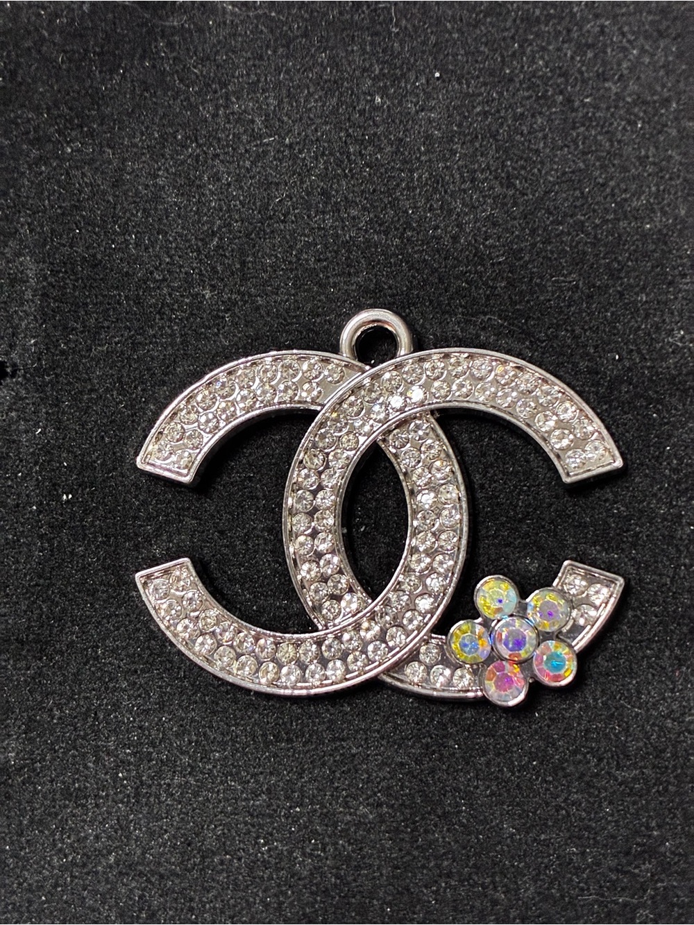 Double C Logo Crystal Interlocking Pendant with Iridescent Flower